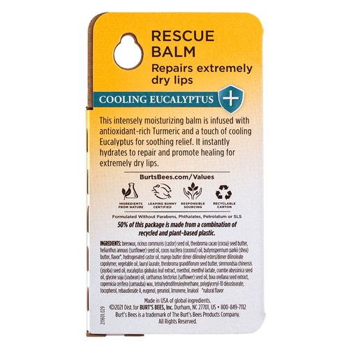 Burt's Bees Natural Rescue Lip Balm - Antioxidant-Rich Turmeric & Cooling Eucalyptus | 6 Tubes, 0.15 Oz Each