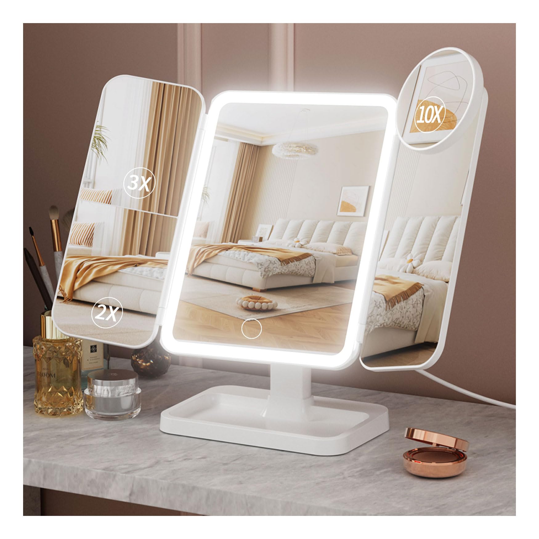 YGGPOQO Lighted Makeup Mirror with 75 LEDs, Rechargeable Vanity Mirror with 1X/2X/3X/10X Magnification, 3 Color Modes & Touch Dimming, Portable Folding Mirror for Travel Desk, Gifts for Women & Girls