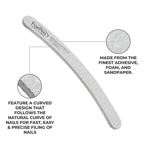 ForPro Professional Collection Zebra Curved Foam Board, 100/180 Grit, Double-Sided Manicure and Pedicure Nail Files, 7” L x .75” W, 50-Count