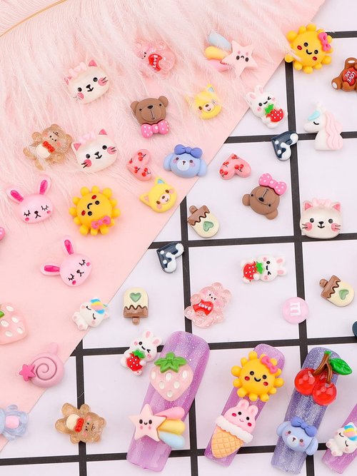 EBANKU 100 Pcs Kawaii Nail Charms, Flatback Resin Nail Charms Sweet Candy Slime Animals 3D Nail Decoration for DIY Crafts Jewelry Making
