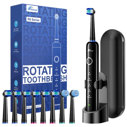 Rtauys Rotating Electric Toothbrush for Adults with 8 Brush Heads (2 Types), 5 Modes Rechargeable Power Toothbrush with Travel Case and 2 Minute Smrte Timer