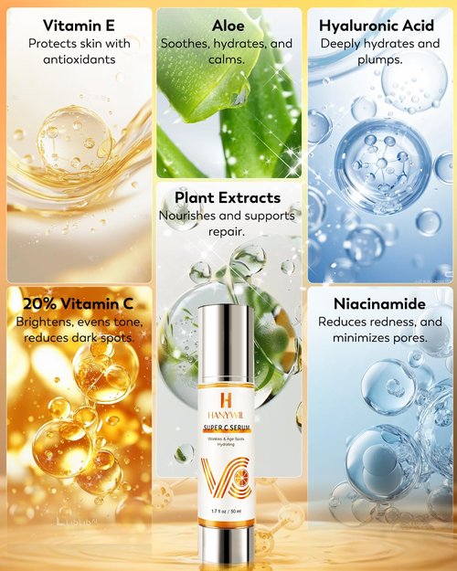 HANYWIL 20% Super Vitamin C Serum for Mature Skin, Targets Age Spot & Wrinkle Reduction with Hyaluronic Acid, Hydrating Anti-Age Serum 1.7fl oz