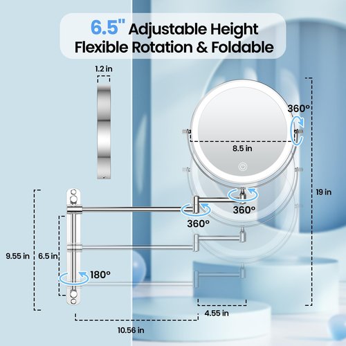 Gospire 8.5" Rechargeable Wall Mounted Lighted Makeup Mirror with Magnification 10X, Adjustable Brightness & Height, 3 Light Colors, 360° Rotation, Magnifying Mirror with Light for Women - Chrome