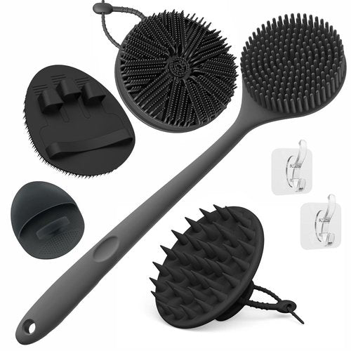 Manmihealth Silicone Back Scrubber & Soft Bath Glove, Silicone Scalp Massager Set 5 PCS, Super-Exfoliating Body Scrubber Shower Brush & Shampoo Brush Combination, with 2 Free Hooks (Style 1 Black)