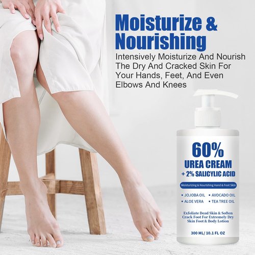 Urea Cream 60% plus 2% Salicylic Acid for Feet Maximum Strength - Lotion For Dry Cracked Feet Elbows Knees Heels Hands, Hydrates Foot Care for Softening and Moisturizing, Callus Remover 10.1oz