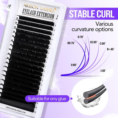 Arison Lashes Volume Lash Extensions Cashmere Matte Black Individual Eyelash Extensions Tray Mixed Length 20 Rows for Professional Lash Tech Supplies(0.07-C Curl-14mm)