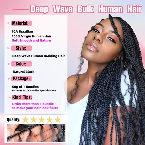 Human Braiding Hair, 2 Bundle 100g 14 Inch Boho Braids Human Hair 10A Deep Wave Bulk Brazilian Virgin No Weft Wavy Hair Extensions for Boho Bohemian Micro Braid Bulk for Braiding Natural Black