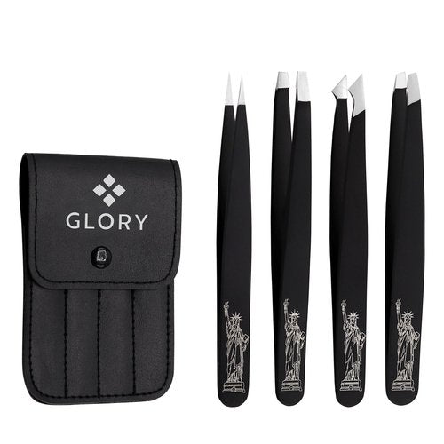 Glory 4-Pcs Precision Eyebrow Tweezers Set Professional Stainless Steel Brow Tweezers for Eyebrows, Ingrown Hair, Facial Hair, Chin Hair & Splinters with American-Inspired Design