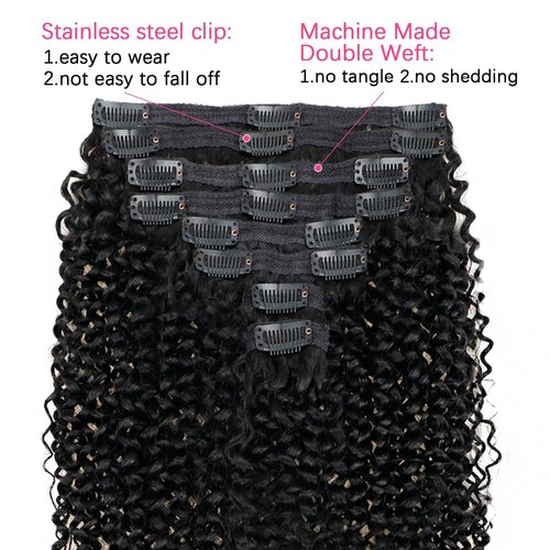 3C 4A Kinky Curly Clip in Hair Extensions Human Hair for Black Women - 8Pcs 18Clips Double Weft Brazilian Remy Human Hair Thick to Ends 120G/4.2oz Natural Black (12 inch)
