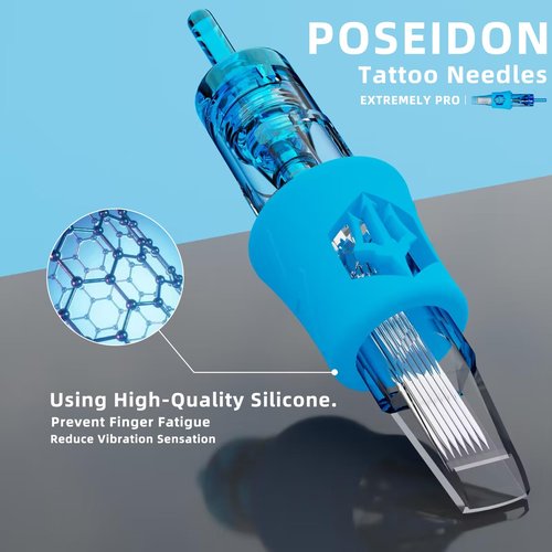 POSEIDON Tattoo Cartridge 1007RL 50Pcs Disposable Needles, #10 Round Liner Tattoo Cartridge Needles, 7 Tight Liner Long Taper - 30/7RLLT