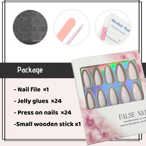 Skiennix Cream White Press-On Nails - Medium Almond Glossy Acrylic False Nails for Women