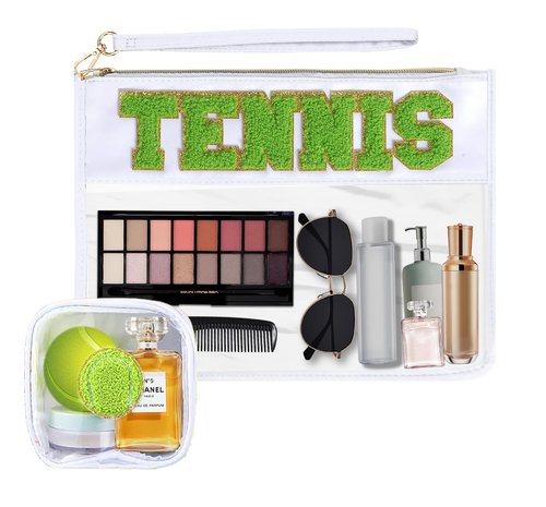 DMJRZTF 2 Pcs Tennis Snack Bags Team Gifts Cosmetic Makeup Bag with Chenille Letter Patch PVC Organizer Purse,Portable Zipper Waterproof Travel Storage Bag for Friends Women Girls