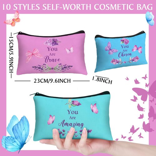 Shinylin 10 Pcs Inspirational Gifts Bulk for Women Mother's Day Canvas Makeup Bags with Zipper for Women ''you Are'' Inspirational Purple Butterfly Toiletry Cosmetic Pouches for Women's Party Favors
