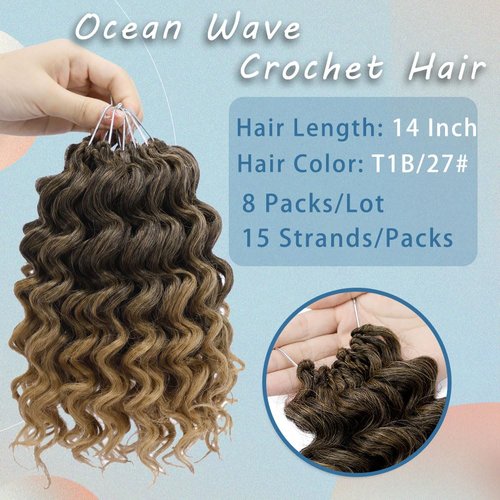 8 Packs Ocean Wave Crochet Hair Water Wave Crochet Braids for Women 14 Inch Short Curly Crochet Hair Beach Curl Deep Twist Crochet Braids Synthetic Braiding Hair Extensions (14 Inch, T1B/27#)