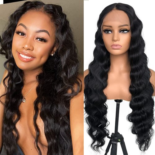MITIMES 30inch HD Crimp Curly Lace Front Wig for Black Women Pre Plucked Human Hair Blended Synthetic Butter Loose Deep Wave Lace Frontal Curly Wigs(30Inch, Black)