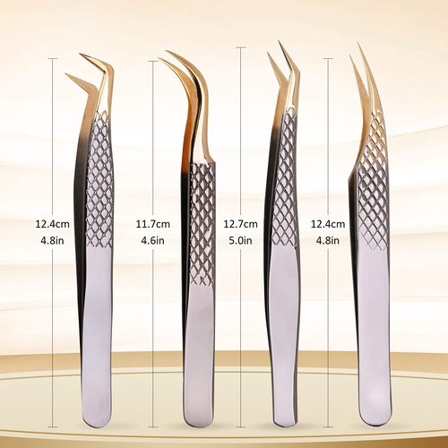 Arclon Lash Eyelash Extension Tweezers Set 4Pcs,Professional Eyelash Applicator Tool,Straight and Curved Precision Stainless Steel Tweezers Lash Extension Supplies(Black Gold)