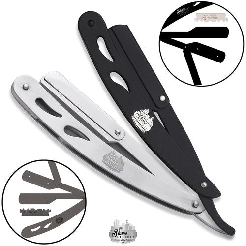 The Shave Factory Straight Edge Razor Kit - with Single Stainless Steel razors for men from (Black, Derby Premium Single Edge)