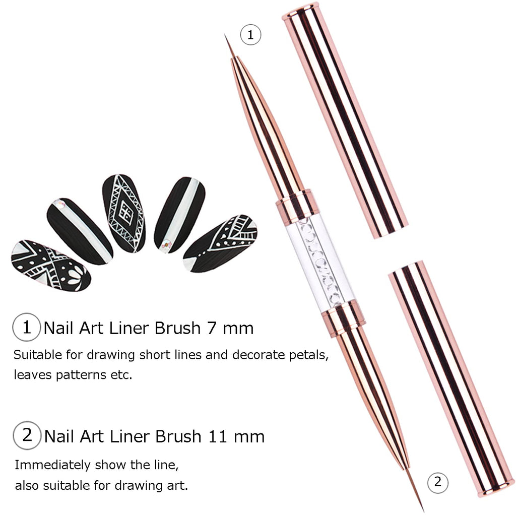 Ycyan 2Pcs Dual-ended UV Gel Nail Brush Set Rhinestone Handle Nail Art Design Brushes Professional Nail Tools Rose Gold