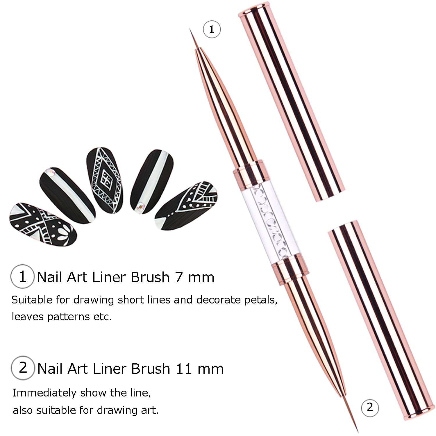 Ycyan 2Pcs Dual-ended UV Gel Nail Brush Set Rhinestone Handle Nail Art Design Brushes Professional Nail Tools Rose Gold