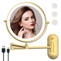 MIROAMZ Rechargeable Wall Mounted Lighted Makeup Vanity Mirror 9 Inch Double Sided 1X 10X Magnifying Bathroom Mirror, 3 Color Lighting, Touch Screen Dimming, 360 Rotation Shaving Mirror Gold