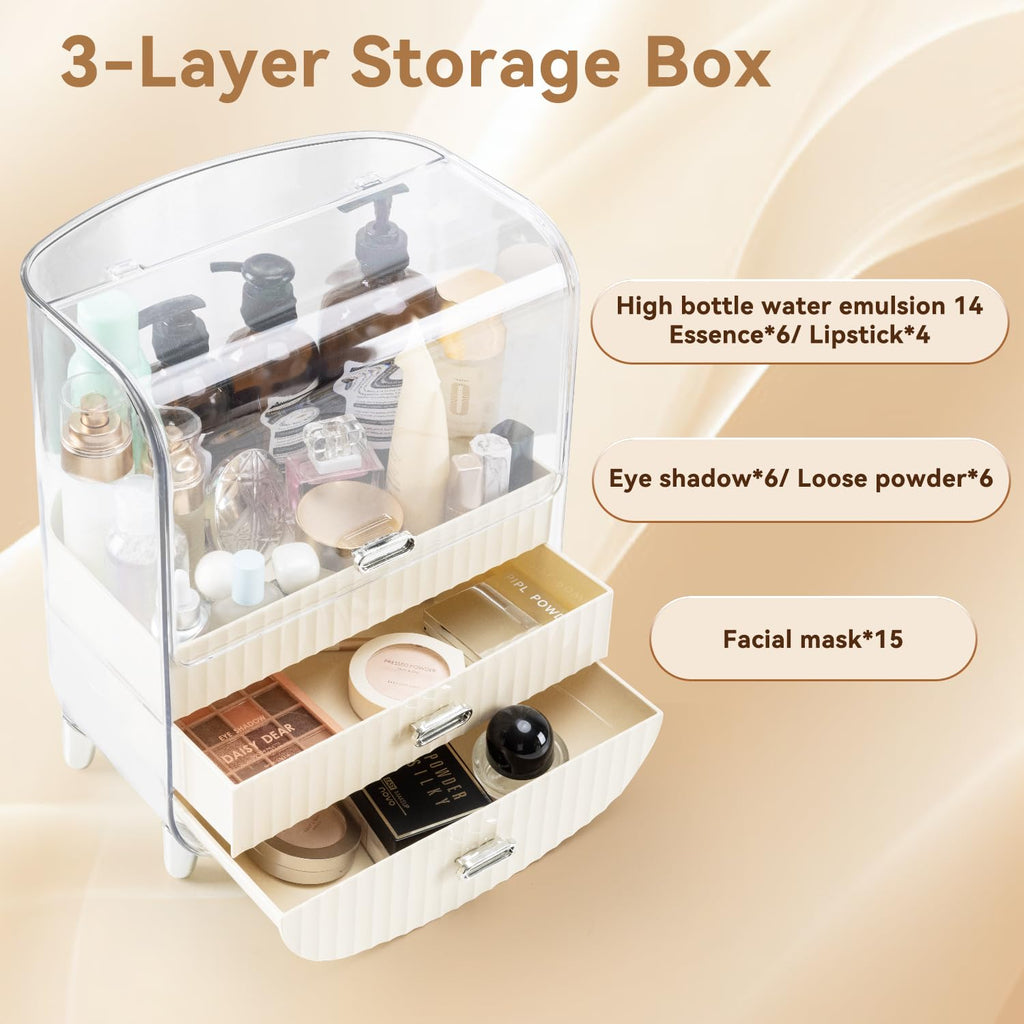 VUSIGN Makeup Organizer, Cosmetics Skincare Organizers with 3-Layer Storage Box and Transparent Cover, Vanity Organizer Countertop for Bathroom, Dresser, Ideal Gifts for Women, White