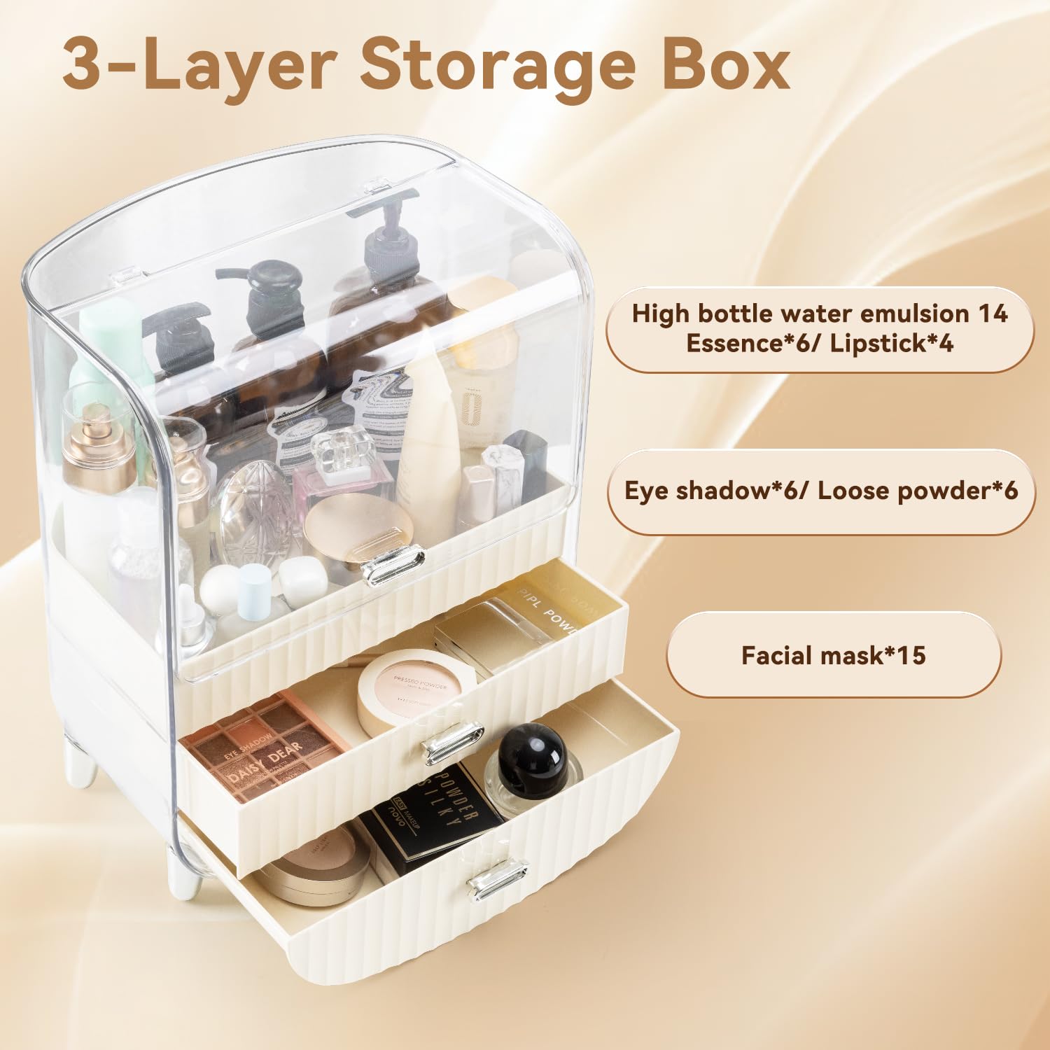 VUSIGN Makeup Organizer, Cosmetics Skincare Organizers with 3-Layer Storage Box and Transparent Cover, Vanity Organizer Countertop for Bathroom, Dresser, Ideal Gifts for Women, White