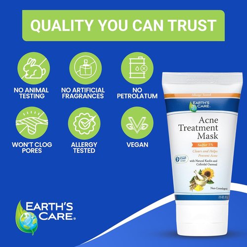 Earth's Care Acne Treatment Mask - 5% Sulfur Formula for Cystic Acne - 2.5 OZ Tube for Clear Skin