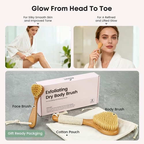 eaxun Bamboo Dry Brushing Set with Body and Face Brush, Dry Scrub Brush with Exfoliating Natural Boar Bristle for Lymphatic Drainage, Cellulite Reduction, Blood Circulation and Glowing Skin, 2 Pack