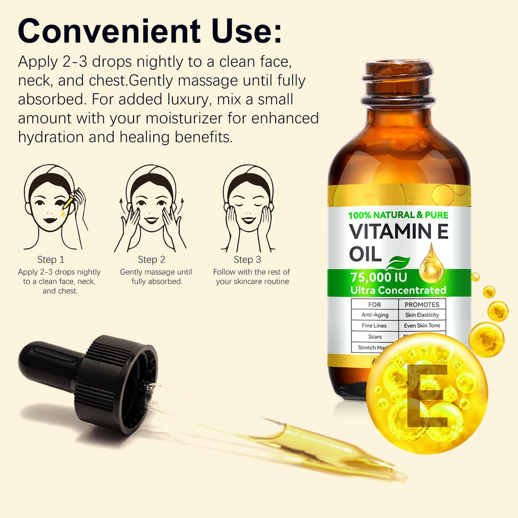Vitamin E Oil 75,000 IU, Vitamin E Oil for Skin, Scars, Face & Full Body, Moisturize Dry Skin and Radiant Skin, Body Bath Oils, Organic Pure Easy to Absorb