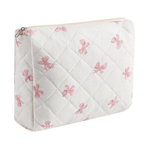 HHQQWZ Large Quilted Cotton Makeup Bag Cosmetic Bag for Women, Cute Large Floral Cotton Travel Cosmetic Bag, Zipper Toiletry Bag Makeup Organizer Storage Bag (Pink Bow Tie)