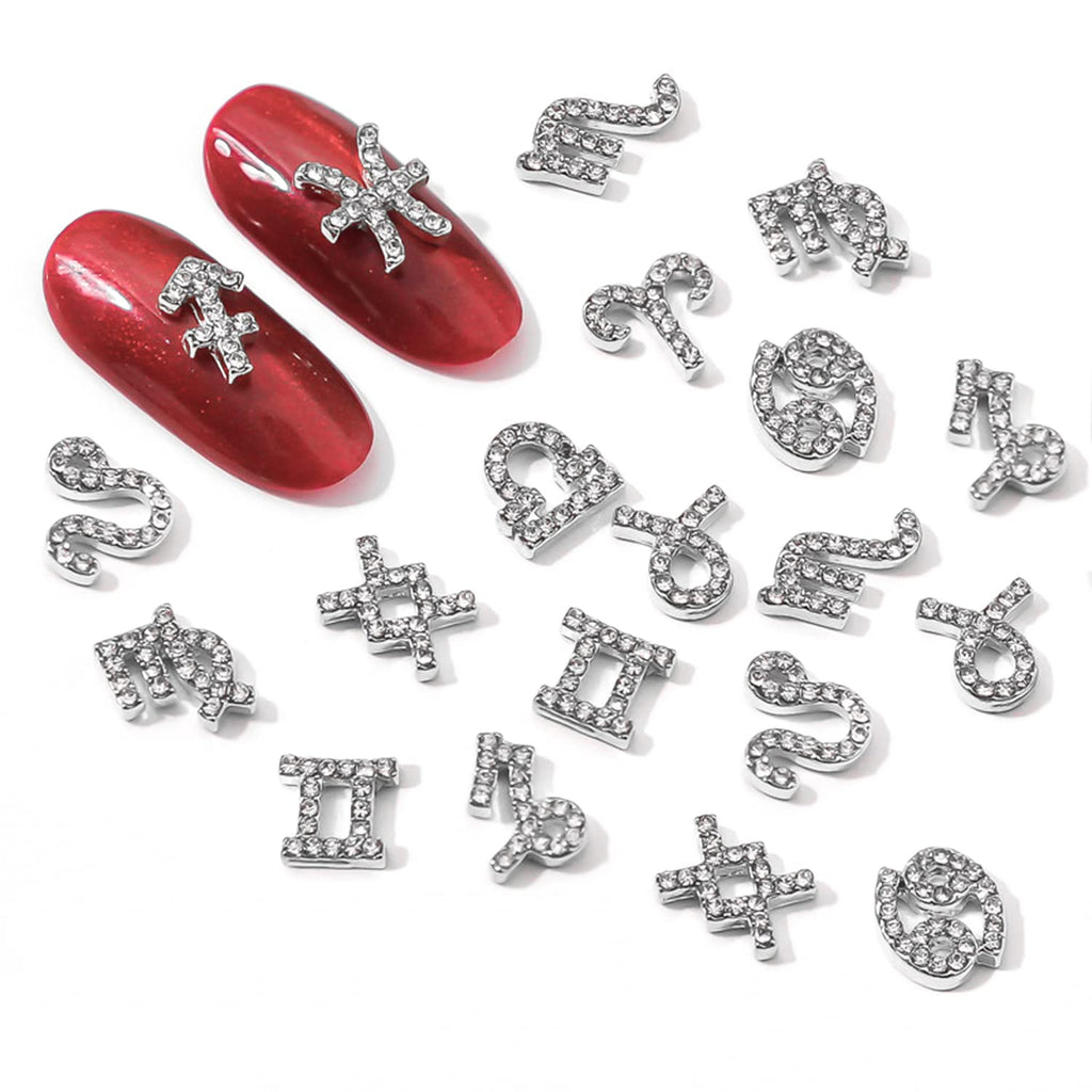 XEAOHESY 48 Pieces Gold and Silver Alloy Zodiac Nail Charms Zodiac Signs Nail Studs Constellation Words Charms for Nails Twelve Constellation Nail Charms Set for Women Girls Nail Art Decoration