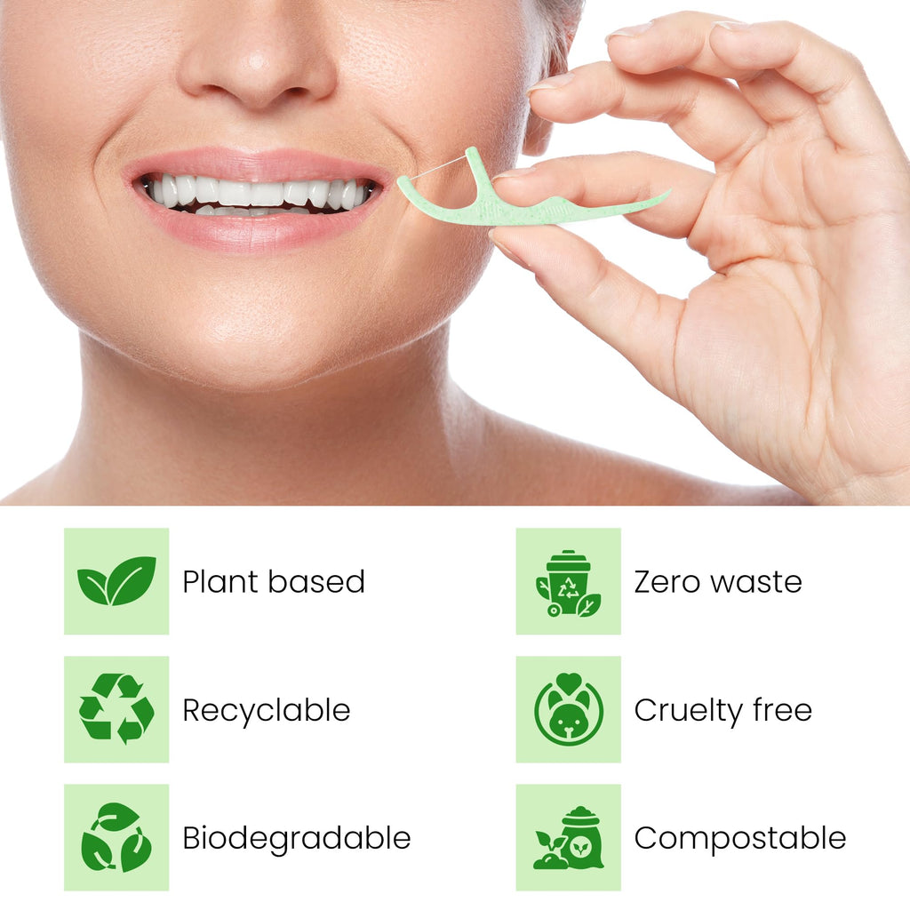 Ziva Eco Biodegradable Mint Dental Floss Picks – 200 Count (4 Packs of 50) | PFAS‑Free | Shred‑Resistant Mint Thread | Unbreakable Corn‑Starch Handle | for Tight Teeth & Daily Oral Care