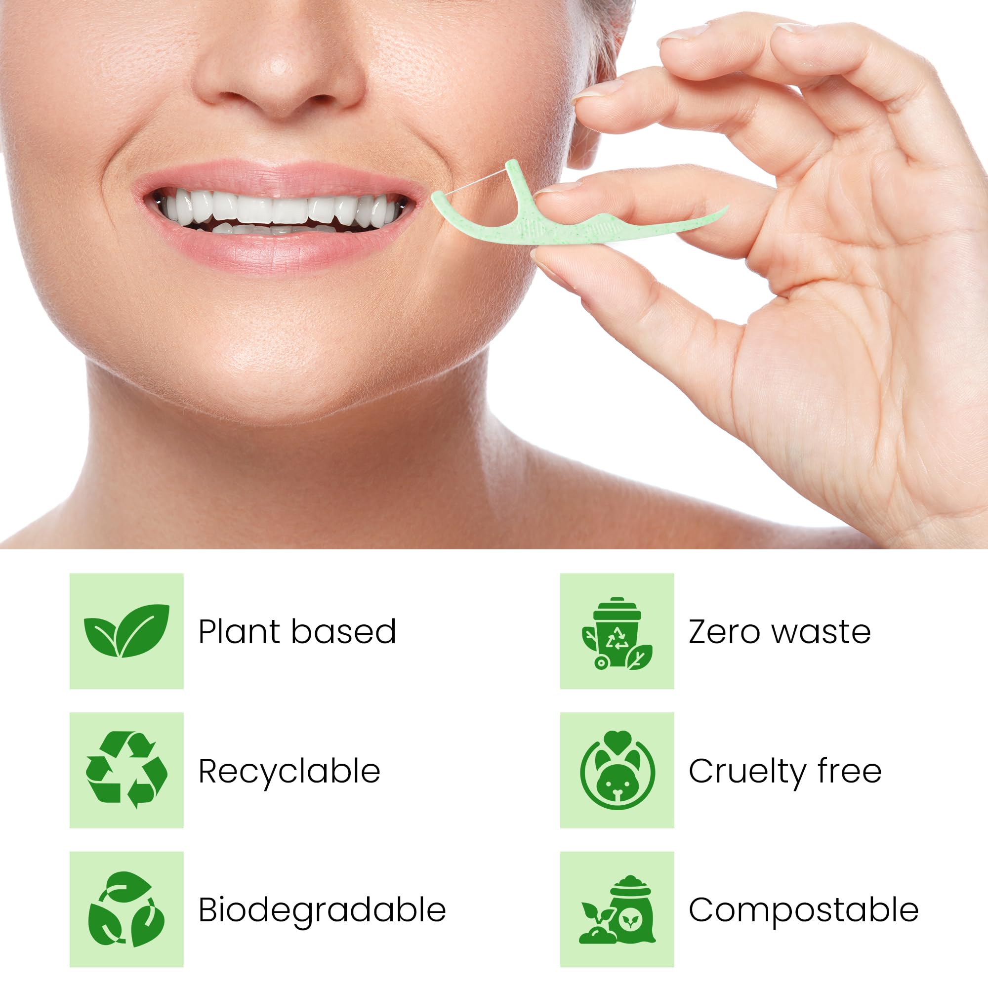 Ziva Eco Biodegradable Mint Dental Floss Picks – 200 Count (4 Packs of 50) | PFAS‑Free | Shred‑Resistant Mint Thread | Unbreakable Corn‑Starch Handle | for Tight Teeth & Daily Oral Care