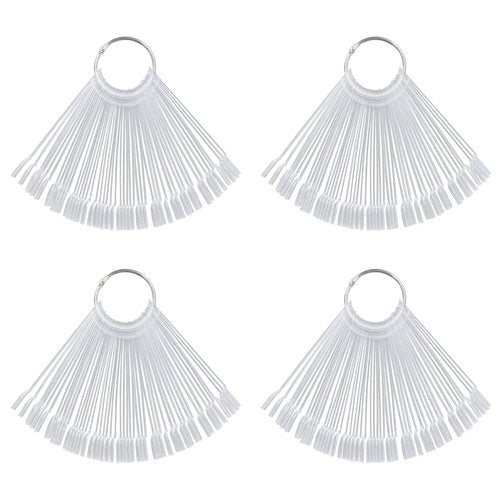 KRISMYA Set of 4 Total 200 Pcs Clear Nail Swatches Sticks, Transparent Fan-shaped Nail Art Tips Display Polish Board Display Practice Sticks Tool with Metal Split Ring Holder