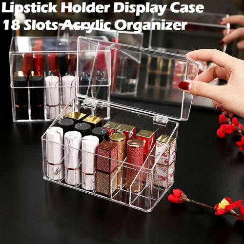 PINGANBUSU Lipstick Holder Display Case, 18 Slots Acrylic Organizer with Dust Cover, Lip Gloss Holder and Case for Vanity or Drawer, Cosmetic Display and Lipstick Storage Organizer