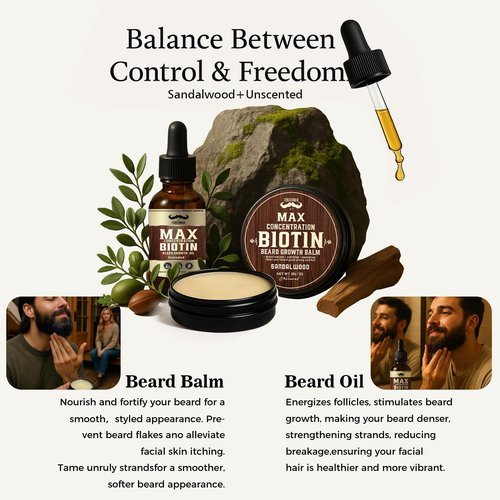 FEBOTE 4X Concentration Biotin Beard Kit for Men – Unscented Oil & Sandalwood Balm Set (2 Pack) – Moisturizes, Softens & Promotes Growth – Premium Beard Grooming Gift for Father’s Day or Him