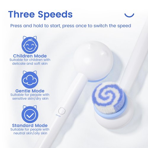 Oh,XIYU. Electric Back Scrubber for Shower Body Brush, Waterproof Shower Body Scrubber for Cleansing, Massaging, Rechargeable Bath Brush for Kids & Adults with 2 Heads & 3 Speed Modes, Milk White XY0