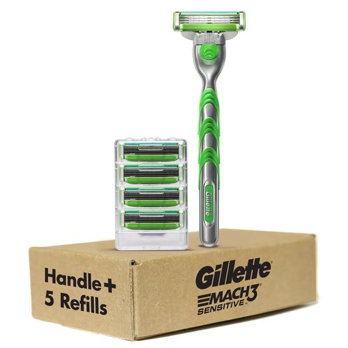 Gillette Mach3 Sensitive Razors for Men, 1 Handle, 5 Blade Refills, Designed for Sensitive Skin