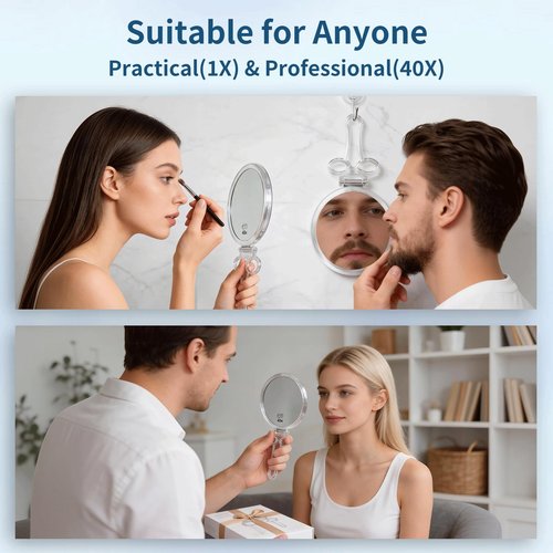 AMISCE Magnifying Hand Mirrors with Handle - Double Sided Handheld Mirror with 1X 40X Magnification, Portable Travel Folding Hand Held Mirror, Pedestal Makeup Vanity Mirror, Girl Women Mother's Gift