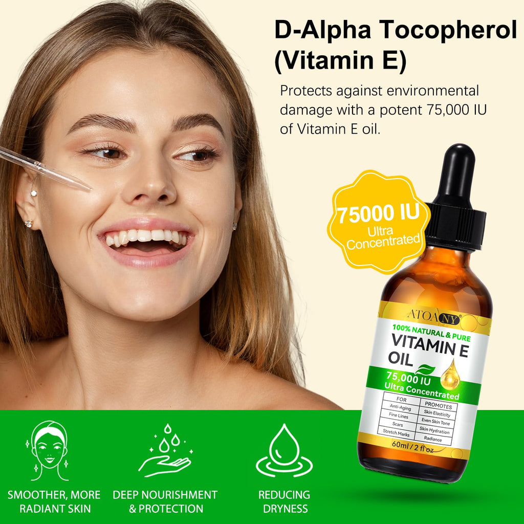 Vitamin E Oil 75,000 IU 2 Pack - 100% Pure Vitamin E Oil for Skin, Face, Hair, Body - Natural Antioxidant for Dryness, Wrinkles, Scars & Stretch Marks, Deep Hydration for Soft, Glowing Skin