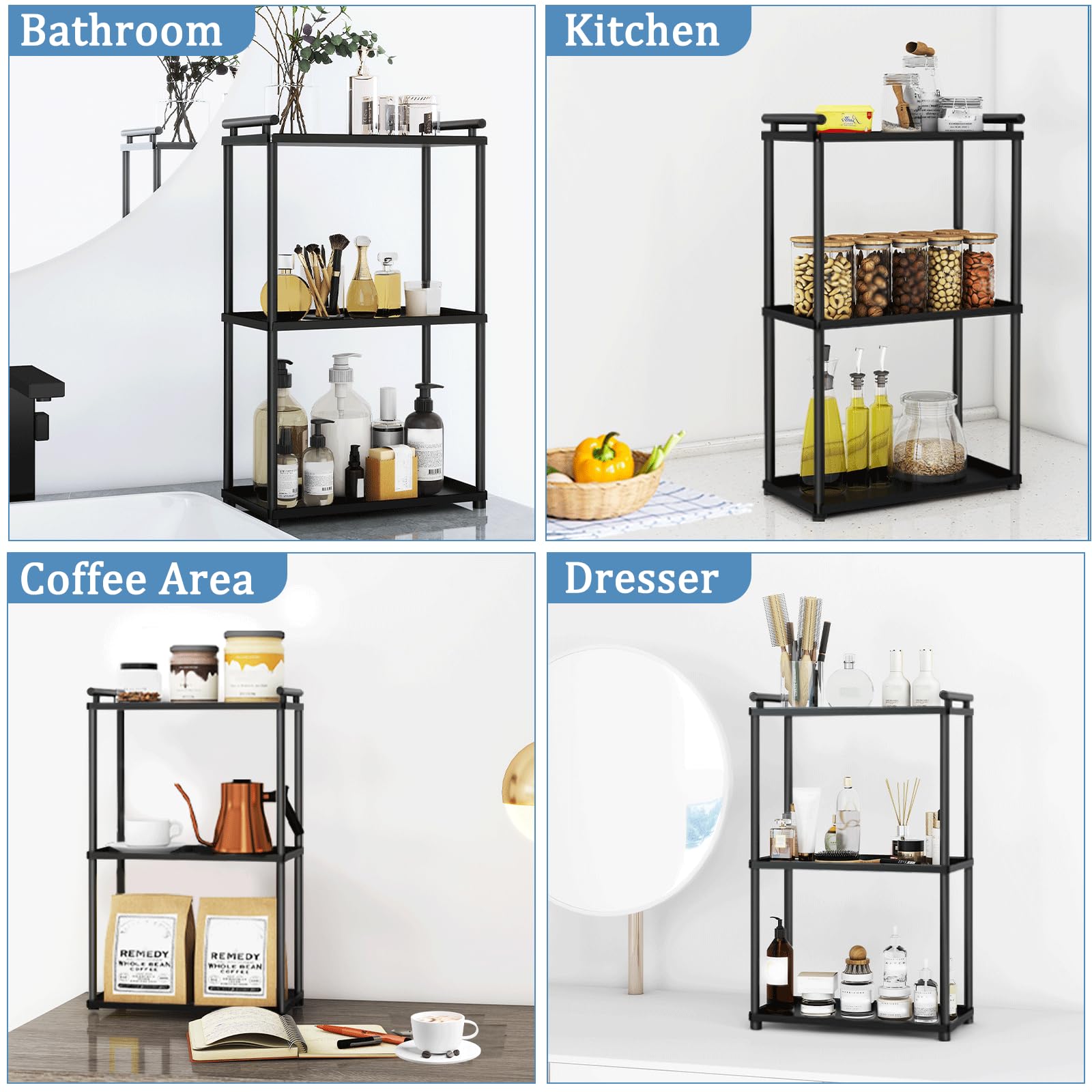 VOTZAAQ 3 Tier Bathroom Organizer Countertop, Stainless Steel Perfume Tray and Vanity Countertop Shelf, Makeup Skin Care Bathroom Organizers and Storage for Dresser, Kitchen (Matte Black)