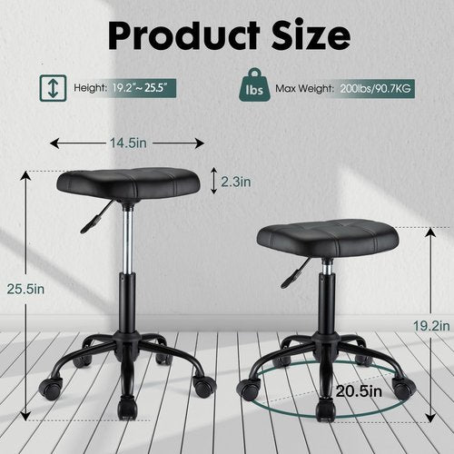 FNZIR Square Rolling Stool with Wheels Height Adjustable Swivel Stool Chair for Salon Massage Spa Black
