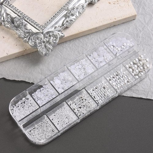 3D Mixed Sizes Nail Beads and Pearls Nail Charms Kit, Gold Silver Mini Metal Caviar Nails Beads Studs, White Flatback Round and Half Round Pearls with Pickup Pencil and Tweezers
