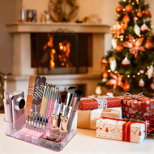 ANRUI Nail Drill Holder, 28 Holes Acrylic Nail Drill Bit Holder, Professional Nail Drill Desk Organizer Case and Storage Box for Manicure Tools - Pink (Not included Tools)