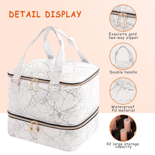 KGMCARE Nail Polish Organizer, Double Layer Nail Polish Storage Bag Carrying Case Holds 42 Bottles with Nail Dryer Lamp Portable Manicure kit supplies Organizer （White）