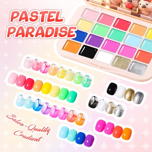 GELLAKTIK Sponge Pat Painting Gel, 20 Colors Neon Gradient Ombre Gel Nail Polish for French Manicure, Blooming Aura Nails with Sponge Applicators, UV/LED Curing DIY Nail Art Palette