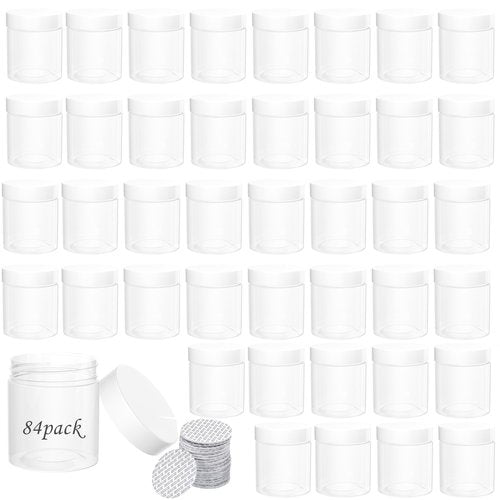 ihomecooker 84PCS 4oz/125ml Plastic Jars with Screw On White Lids Seal Stickers Bottle Lid,Clear Container for Storing Dry Food,Spice,Lotion, Cosmetic, Slime, Honey Jam, Cream, Butter