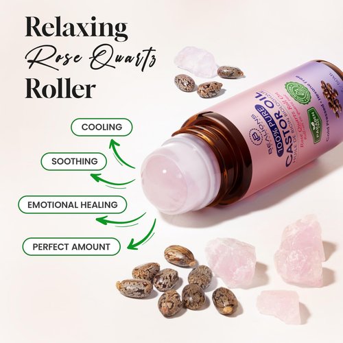 Bealions Castor Oil Roll On for Face: Castor Oil with Rose Quartz Roller for Massage - Deep Hydration Skin Moisturizer - Birthday Valentine Gifts for Women 35-65 (1.7 FL. OZ.)
