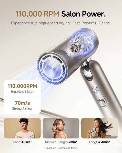 Dreame Pocket Hair Dryer - Ultra Lightweight Blow Dryer with 2 Attachments | Fast Drying & Low Noise