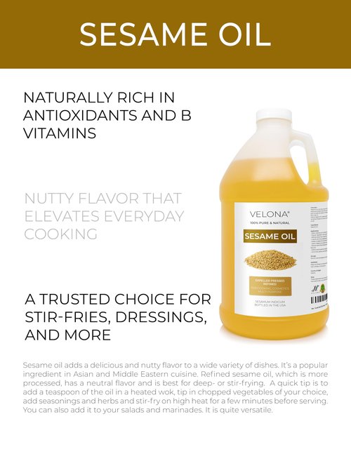 Sesame Seed Oil by Velona - 64 Fl Oz | 100% Pure and Natural Carrier Oil | Refined, Expeller Pressed | Cooking, Skin, Hair, Body & Face Moisturizing | Use Today - Enjoy Results